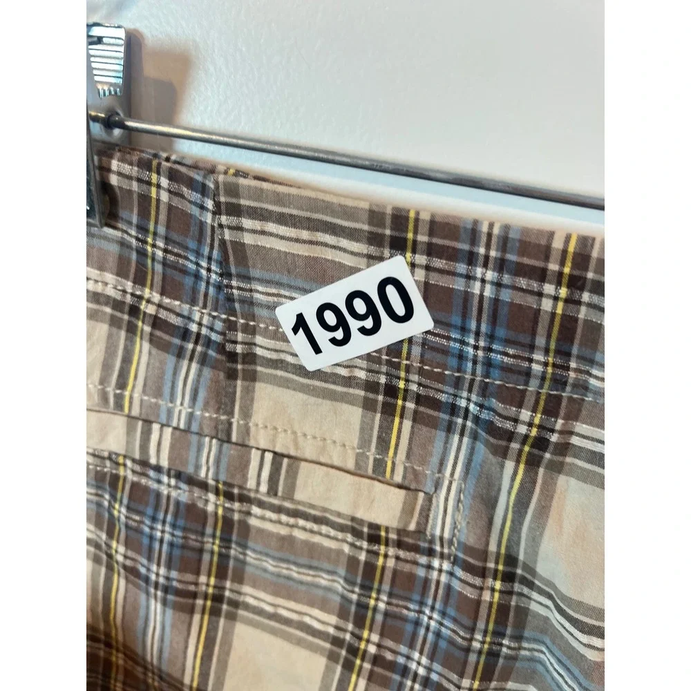Mossimo Womens Plaid Shorts Cotton Ramie Blend Brown Tan Blue Size 12